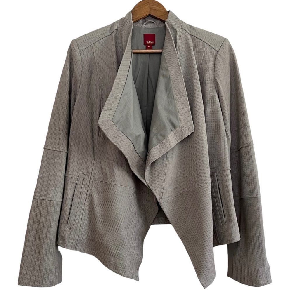 G. I. L. I. Leather Jacket Open Front Drape Cascading Blazer Taupe Gray GILI 12
